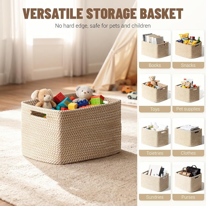 5 Pack Woven Storage Baskets for Shelves, Decorative Basket Organizer Storage Bins for Toys, Books, Clothes, Closet, Nursery, Bathroom – Cotton Rope Shelf Baskets for Organizing and Decor, Khaki