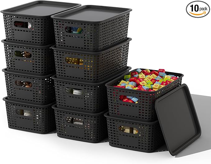 ORGIDOL Plastic Storage Basket with Lids 10 Pack Stackable Black Storage Bins Containers with Lid, Decorative Storage Boxes for Organizing Shelves, Drawers, Playroom, Classroom, Office, Closet