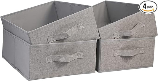 JAKAGO Fabric Storage Bins set of 4 Rectangle Storage Baskets with Handle Foldable Closet Organizer for Clothes Towel bedding Books Collapsible Clothing Container for Shelves Bedroom(Gray Low)
