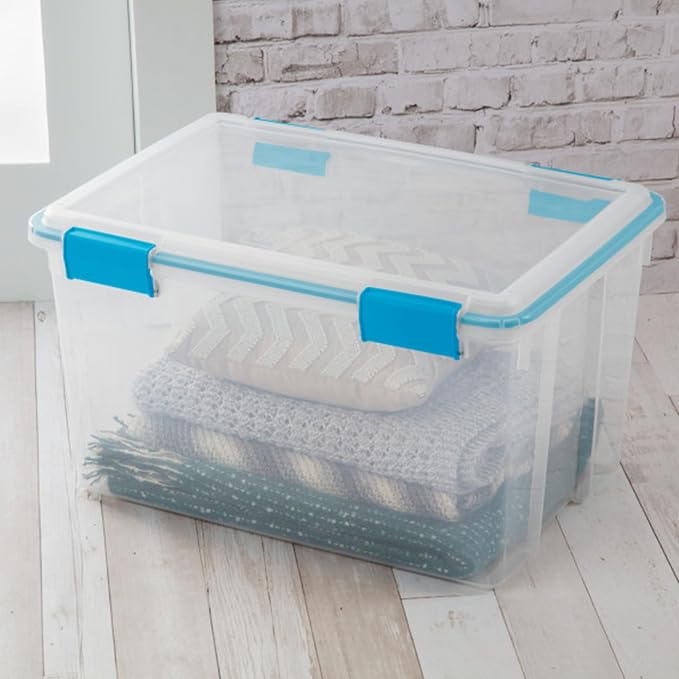 Sterilite 4-Pack 54 Quart Gasket Box, Home Storage Organizer Bins with Lids - Stackable Clear Plastic Containers for Bedroom, Bathroom, Garage, Basement, or Attic