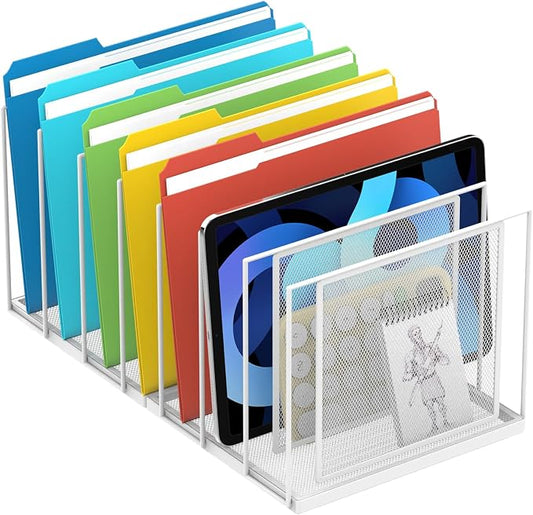 File Organizer For Desk, 7 Section Metal Desktop File Sorter, White | Desk file organizer, connectable 7 section design, 2.17 in spacing, vertical folder storage for home office and classroom