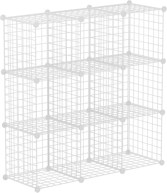 HUBSON Wire Cube Storage Organizer, Book/Toy/Craft/Potted Plants and petCloset Organizers and Storage Shelves, 9-Cube Freely Combinable Metal Grids Storage Shelf, White Iron