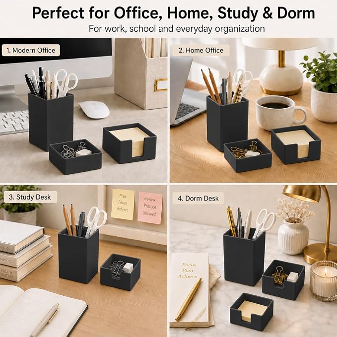 minimaliving Aesthetic Silicone Desk Organizer Set of 3,Modern Office Desk Accessories with Pen Holder,Paperclip Tray,Sticky Note Holder,Stylish Functional Office Desk Decor for Back-to-school(Black)