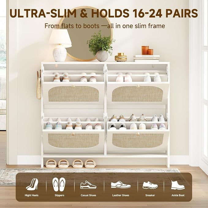 Nicetree Freestanding Ultra Slim Arched Rattan Accent Shoe Storage Cabinet for Entryway - 4 Flip Drawers & 3-Tier Adjustable Shelves, Farmhouse Modern Rustic Shoe Rack for Hallway Foyer,Cloud White