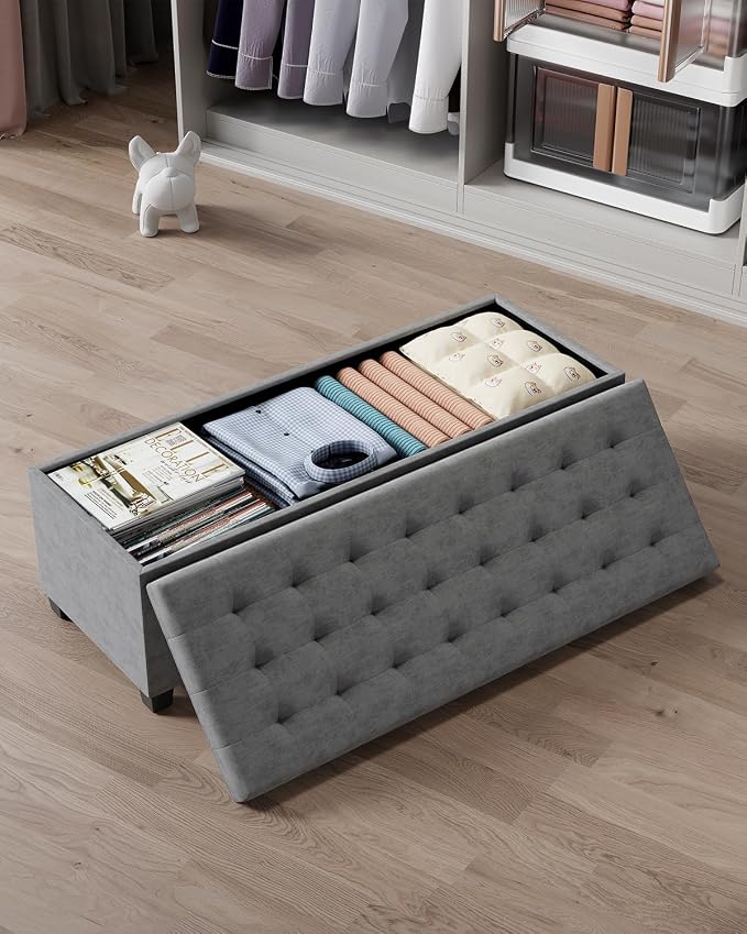 ABHENG Chenille Storage Ottoman Bench with Legs, 43.5”W x 15.7”D x 15.7”H,Metal Frame end of Bed Bench Hold up to 770 LB,Large Storage Chest,Gray UASND621G