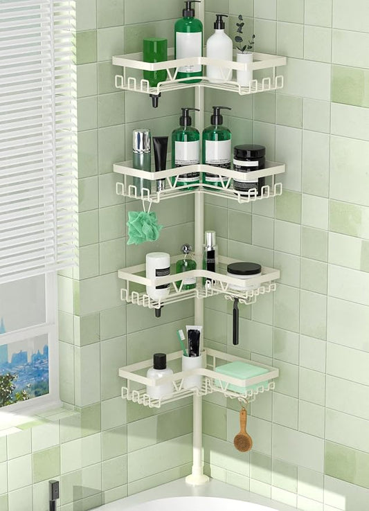 DAOYA Corner Shower Caddy Tension Pole - Adjustable Shower Caddy Off-white | WIth 28 Hook/2 Soap Dish/ 2 Razor Holder, Rustproof, For Bathtub/Bathroom, Floor to Ceiling 25-114 Inch, Simple Install