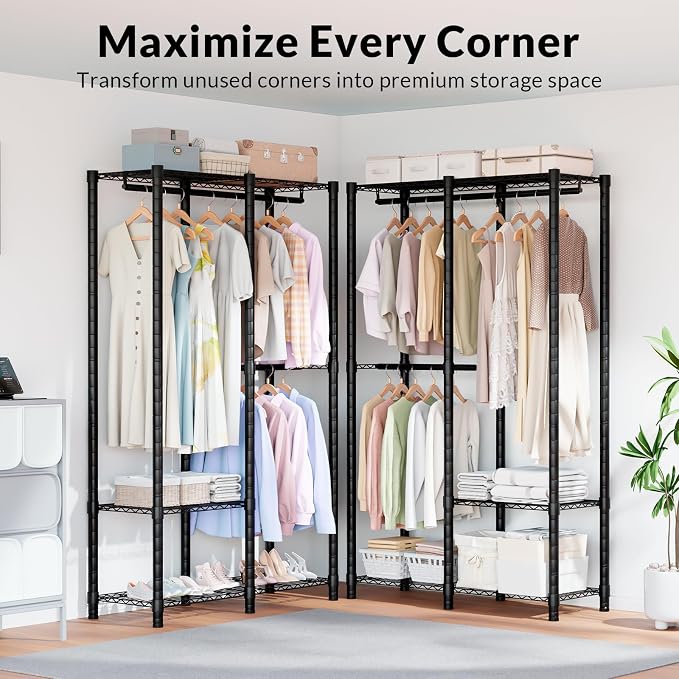 Heavy Duty Clothes Rack, 3 Tiers Sturdy Metal Clothing Rack with Hanger Rods & Shelves, Portable Closet Rack for Bedroom 45" W × 16" D × 76" H, Garment Rack Holds 450lb, Easy Assembly&Storage