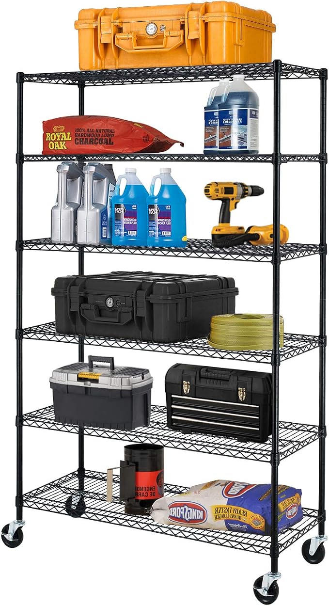 BestOffice | 6-Tier Wire Shelf with Wheels | 18" x 48" x 78" | Black | Storage Shelves with Adjustable Racks, Holds upto 600 lbs | Rust-Resistant, No-Tool Assembly | For Home, Garage