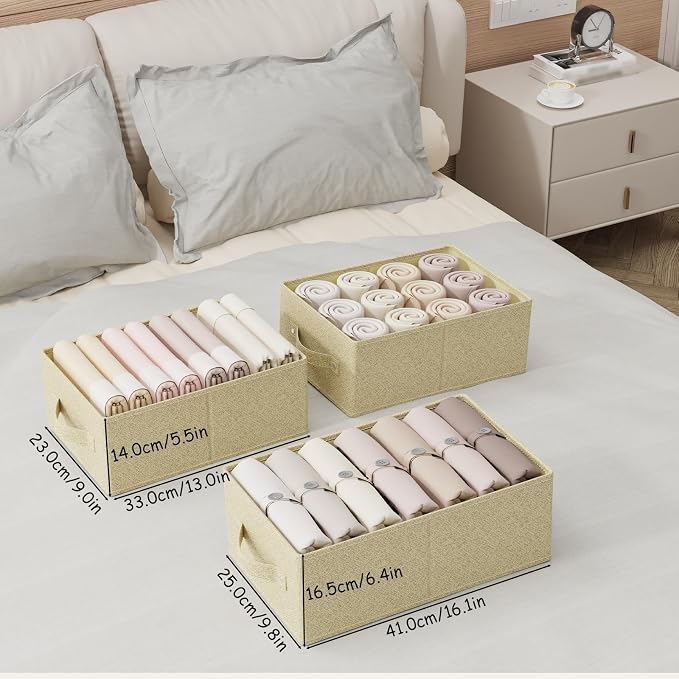 Open Storage Bin with Reinforced Stitching,Yellow,13x9x5.5in,3 Pack | Fabric Storage Baskets with Soft Cloth Handles, Thick PP Panel Wardrobe Containers,Wipeable Drawer Boxes for Closet Shelves