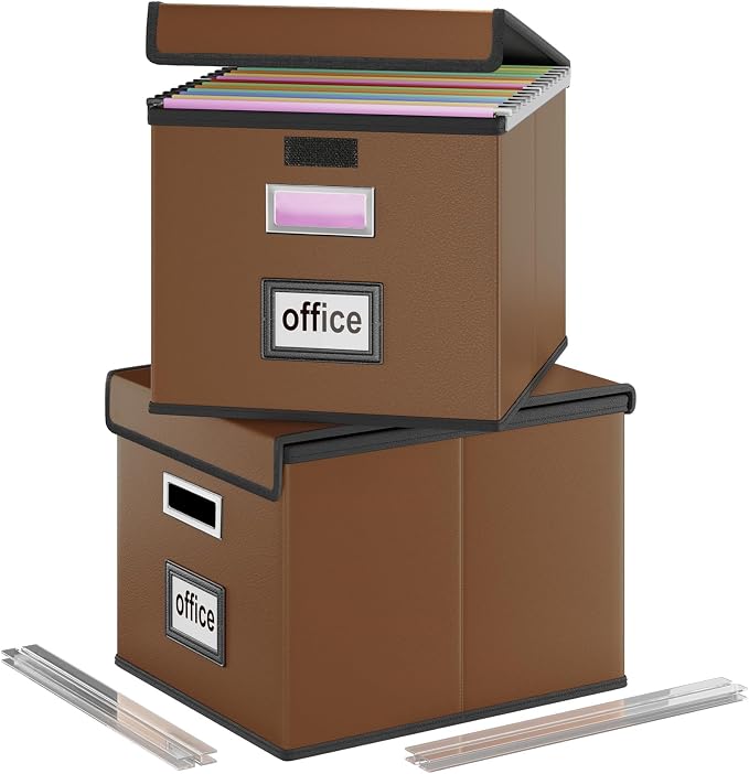 File Organizer Box with Lids, Collapsible File Folder Organizer | File Box with Plastic Slides for Document, Filing Bin for Letter Size Hanging File Folders (2 Pack, Brown, Leather)
