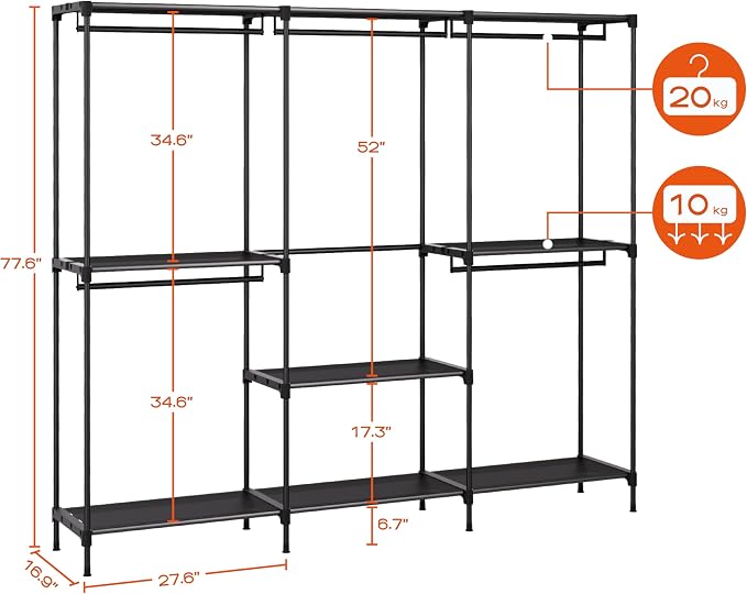 CASAMAYA Clothes Rack, Portable Closet, 80.7 Inch Extra Large Capacity Wardrobe Closet, Clothes Storage Organizer with Shelves and 5 Hanging Rods, Easy to Assembly, Black PCT036B01
