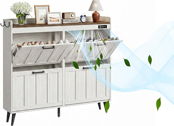ChooChoo Shoe Storage Cabinet with 4 Flip Drawers and Deodorizer | Shoe Organizer Storage for Entryway, Freestanding Hidden Slim Narrow Shoe Rack Cabinet, Antique White & Brown