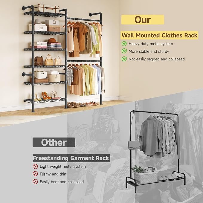 H2 Wall Mounted Clothing Rack, Expandable Industrial Pipe Clothes Rack Garment Racks for Hanging Clothes, Heavy Duty Closet Organizers and Storage in Closet System, Black