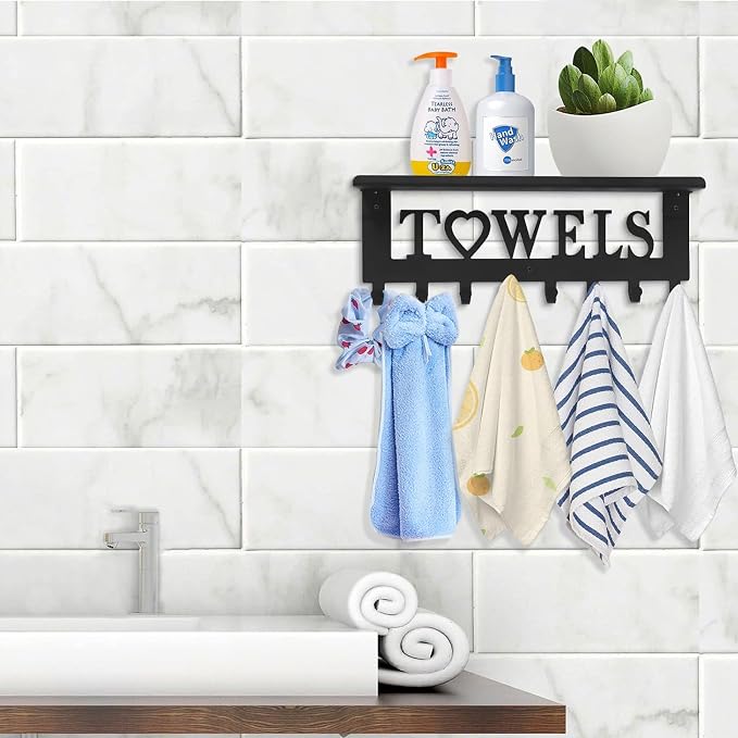 IBosins Towel Rack with Metal Shelf Bathroom Towel Holder 8 Hooks Black | 16-Inch Towel Hanger Wall Mounted Robes, Clothes, Towels Organizer for Bathroom, Hot Tub, Kitchen, Bedroom, Home