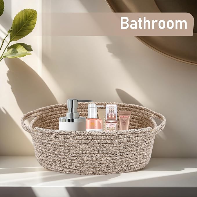 JMvicyroam Small Woven Basket, Empty Gift Basket, Oatmeal/3 Pack | Small Gift Basket, Cotton Rope, 12 x 8 x 14 in, Handles, Includes Ribbon and Bag, Birthday Gift Basket