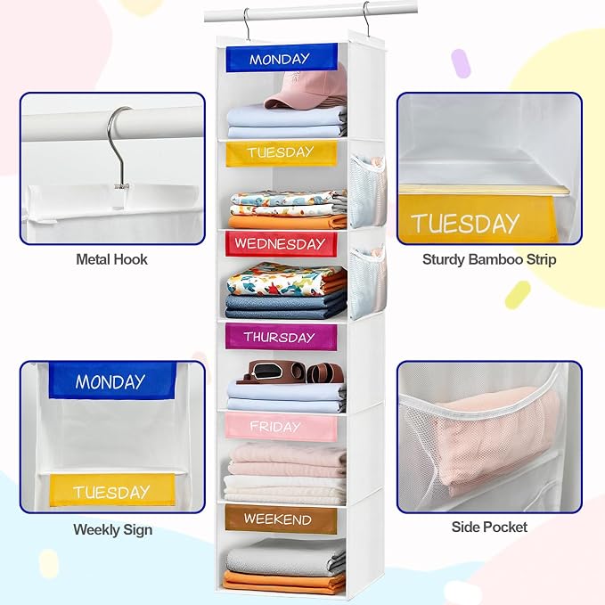 Weekly Clothes Organizer for Kids, 6-Shelf Hanging Closet Organizer with Colorful Labels, Space Saving Design with 2 Pockets, Daily Hanging Closet Shelves for Kids Room Storage, White