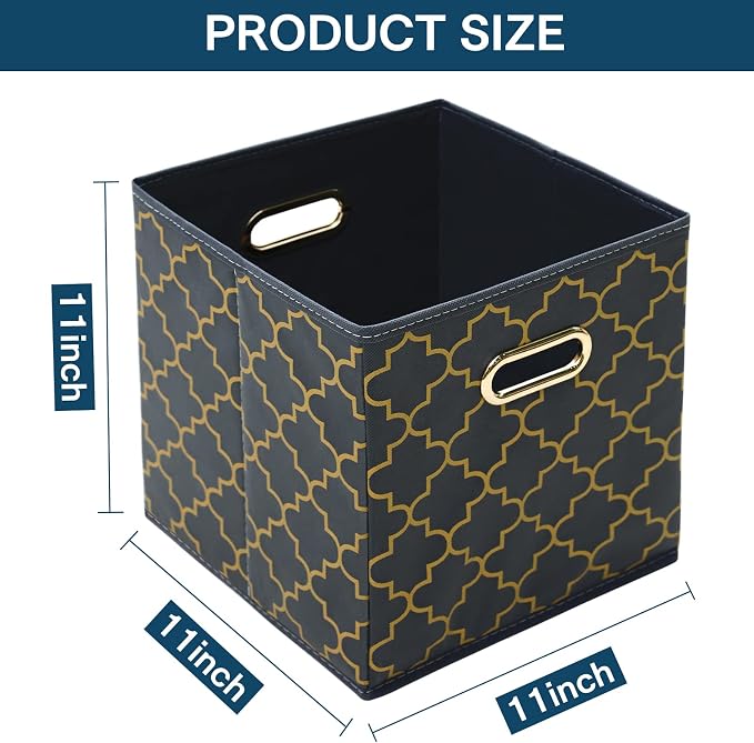 Fabric storage bins Cubes, Fabric Cube Organizer with Handle, Foldable Cube Bins for Cloth or Accessary Storage, 11x11x11, Set of 3, (Grey Gold)