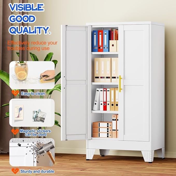 GAIOUS 47.2" Tall Metal Garage Storage Cabinet,File Cabinet with Door and Adjustable Shelves, Outdoor Steel Tool Cabinet for Home,Office,Warehouse,Garage,White