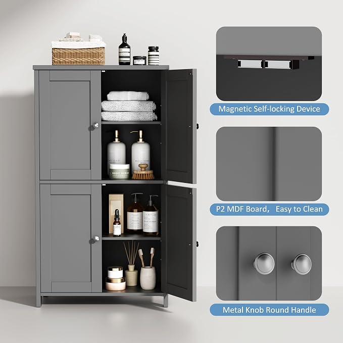 Shintenchi Bathroom Storage Cabinet with Doors and Shelves, Floor Cabinets for Washroom Furniture, Laundry Room, Organization with Adjustable Shelf, Gray