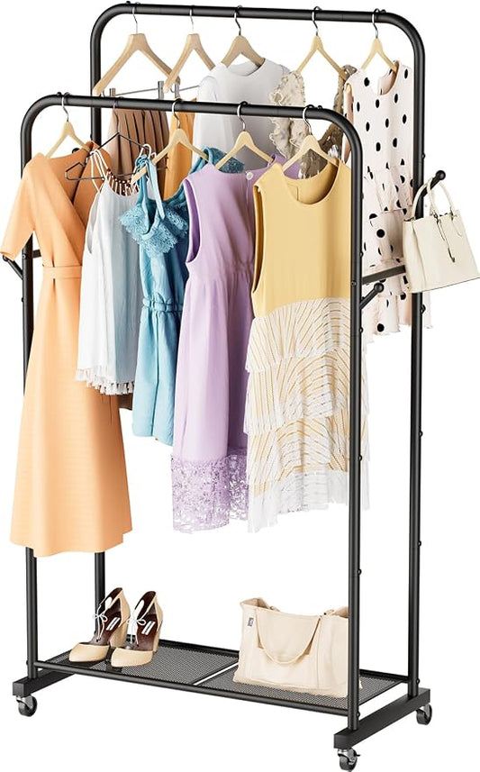 SINGAYE Wardrobe Standing Closet Clothing Rack With Shelf Hanging Clothes | Wardrobe Open Compact Small Metal Garment Hanger Stand Alone Free Standing Black Closet Rack Storage Organizer Heavy Duty