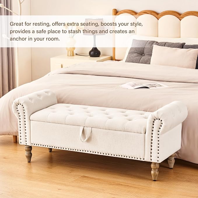 Furnimart Storage Bedroom Bench for End of Bed, Faux Linen Upholstered Storage Ottoman with Rolled Arms for Bedroom,Living Room, Entryway, 2.5Cubic Feet
