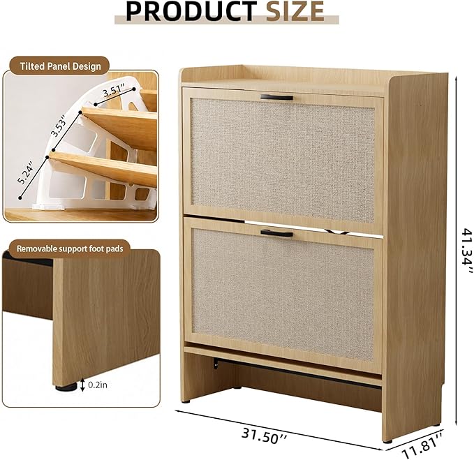 Shoe Storage Cabinet for Entryway, 2 Flip Drawers with 3-Tier Rack Each, 6-Layer Total Storage, Narrow Shoe Cabinet with Linen Panel, Slim Wood Shoe Organizer Closed Shoe Rack for Hallway,Small Spaces