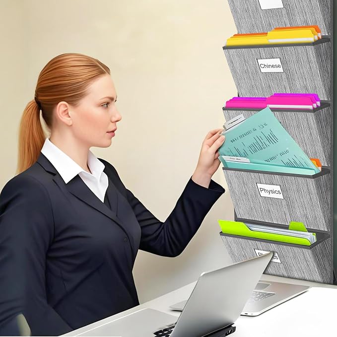 Over the Door File Organizer, Hanging File Folders, Wall Organizers and Storage for Mail, Magazine, Notebooks, Planners, Office, Classroom, 5 Extra Large Pockets, 50.39” Tall (Grey)