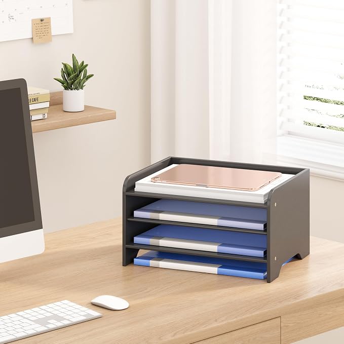 Bamboo File Organizer for Desk, Paper Tray with Pen Holder | Open tiers and a pen holder sort Letter/A4 paper, folders and office supplies while keeping your workspace clutter-free