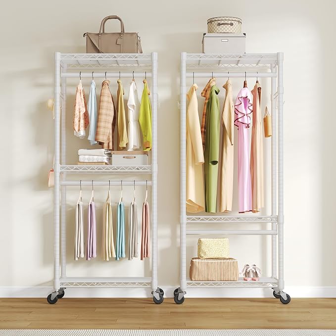 OLIXIS Clothes Rack Heavy Duty Adjustable Garment Clothing Rack with Wheels, Rolling Metal Freestanding Closet Organizer for Hanging Clothes with 2 Side Hooks, Double Rods, 29.5"x15.7"x75.6", White