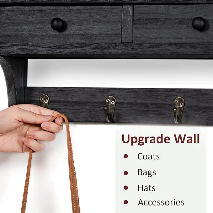 Emfogo Wood Coat Hooks Wall Mounted, Rustic Style with 4 Hooks & Shelf for Entryway, Mudroom, Bedroom, Kitchen, Bathroom (Black)