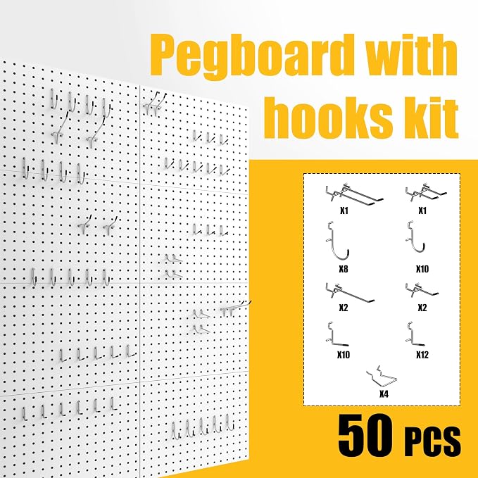 Spampur Peg Board, 8 Pack Metal Pegboard Panels with 50 Hooks | White Pegboards Wall Organizer, Peg Board for Walls Home, Garage Tool Storage, Desk Office Organization, Craft Room