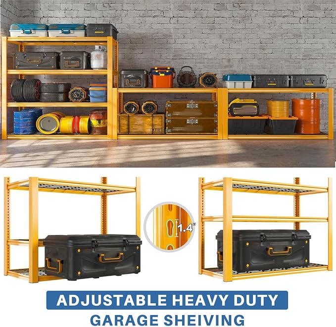 REIBII 40" W Yellow Garage Shelving with Double-Layer Frames for Homeowners | 2240Lbs, Adjustable, 10-Min Easy Assembly, Wire Mesh Panels, for Garage Basement Warehouse Commercial, 40"W×19.5"D×59.5"H, 2P