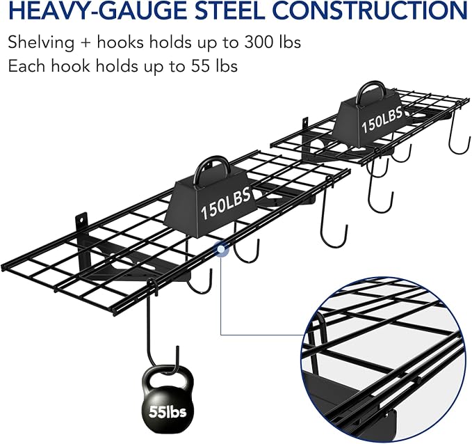 FLEXIMOUNTS 2-Pack 1x3 ft Garage Wall Shelving, Include 8 Bike Hooks, Black | Wall Shelf Garage Organization System w/Bike Hangers, Storage Rack, Floating Shelves, 300 lbs Weight Capacity, Classic Series