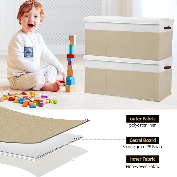 Extra Large Toy Storage Box with Lid,Toy Chest Bin Basket with Dividers | Sturdy Toy Organizer Bin for Kids, Boys, Girls, Nursery, Closet, Bedroom, Playroom 35.5"x17" x17" (Beige and White)