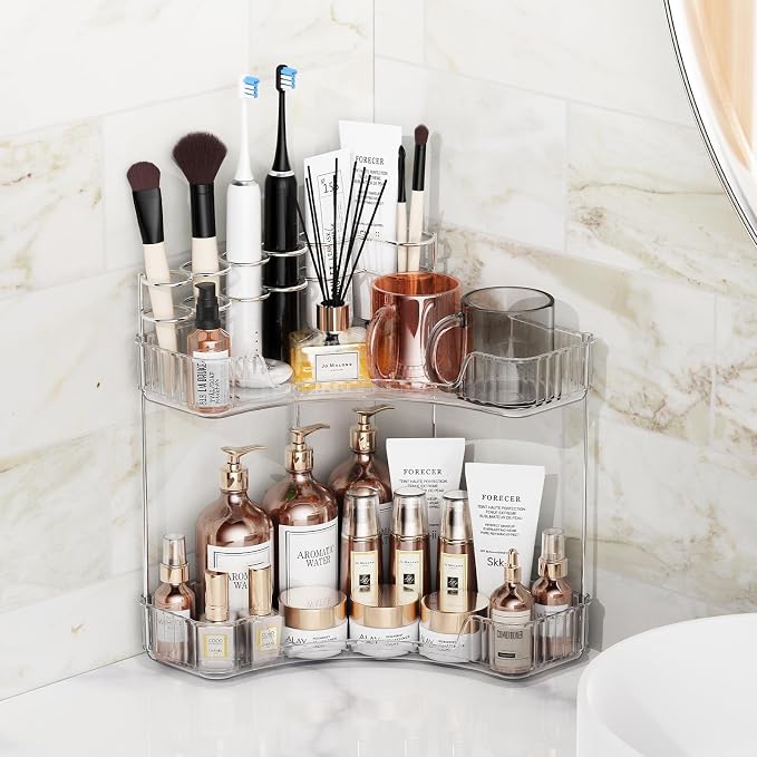 Asayuee 2-Tier Corner Bathroom Counter Organizer with Top Toothbrush Holders,Large Makeup Organizer Countertop with Brush Holder,Skincare Organizers Corner,Exquisite Vanity Organizer(Clear, 2 Tier)