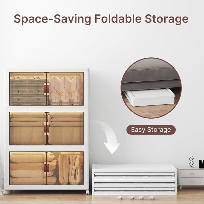 UAMFURI Stackable Storage Bins with Lids, 1080QT Lockable Storage Cabinet | Folding Storage Box with Doors and Wheels, Collapsible Plastic Drawers for Home, Garage, Office