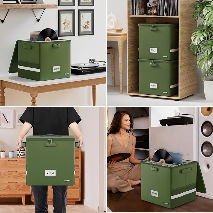 DocSafe Vinyl Record Storage Box with Lock,Fireproof Record Organizer Storage for 100+ Single Records(12-inch), Collapsible Storage Crate with Lid & Handles for Valuable Album Collection,Green,2 Pack