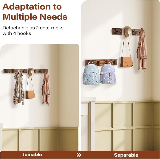 2 Pack Coat Rack Wall Mount with 8 Pre-Installed Metal Hooks | 32.3" Rustic Pine Solid Wood Coat Hooks Wall Mount for Hanging Jacket Hat Backpack, Entryway Living Room, Easy to install