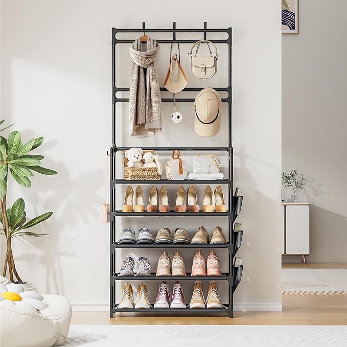 Shoe Rack 5 Tier Shoe Organizer Storage 15-20 Pairs for Closet Entrance | Stackable & Detachable Shelf with Hooks and Side Pocket Entryway Shoe Holder Space Saving Closet Organizers and Storage