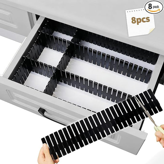 Drawer Divider Adjustable Diy Storage Organizer Separator for Tidying Clutter Cutlery Makeup Clothes of Dresses, Desk & Box in Kitchen Bathroom Bedroom Office (Cut at Will) (Black 8pcs)