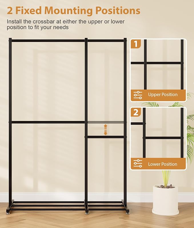 Clothes Rack, Clothing Racks for Hanging Clothes with 4 Hanging Sections, Double Rod Garment Rack with Storage Shelves for Bedroom Living Room 47.2" x 17.7" x 69.9", Black