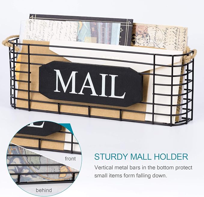 SRIWATANA Rustic Mail Organizer Wall Mount, 5 Key Hooks, Large Size, Black | Mail Holder Key Holder for Wall, Hanging Mail Sorter, Letter Basket for Receipts Bills Envelopes, Home & Office Organizer