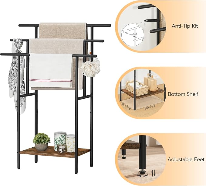 HOOBRO 39.4" Tall Freestanding Towel Rack for Bathroom, 3 Tier Stepped Blanket Rack with Shelf, Oversized Bath Towels Drying and Display Rack, Black and Rustic Brown BF50LB01