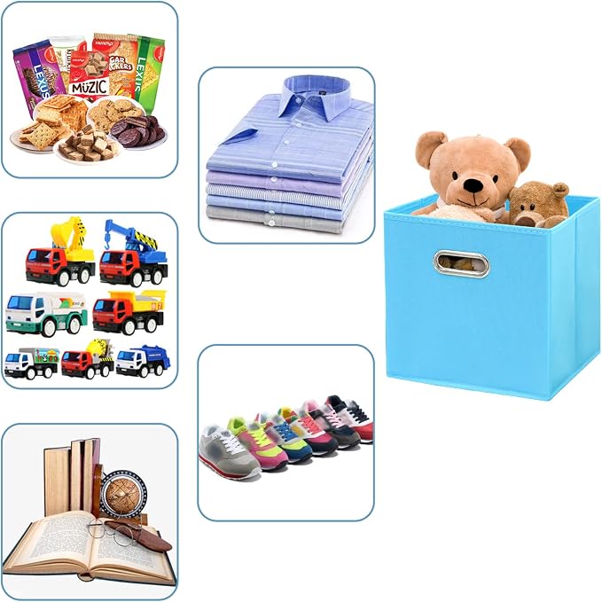 Black Fabric Cubby Storage Bins,13x13x13 Inches ,Cube Organizer Bin Foldable Storage Boxes with Dual Handles Fabric Organizer Box and collapsible Storage basket,Set of 3,Blue