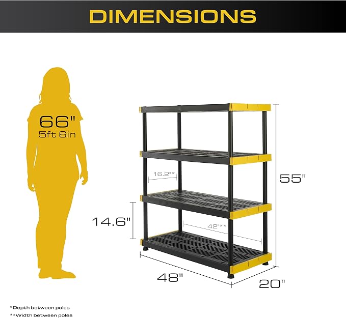 CX Heavy Duty 4-Tier Garage Storage Shelves + 8-pack 27-Gallon Bins & Lids | Garage organizing system with 4-tier shelf + 8 plastic 27-gal totes, 200 lbs/shelf, 50.1H x 48W x 20D, Black & Yellow