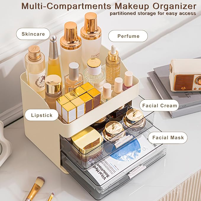 DASITON Makeup Organizer with 2 Drawers, Large Capacity Makeup Cosmetic Organizers for Vanity Dresser Bathroom Countertop, Vanity Organizer Makeup Storage Box for Skincare, Eyeshadow, Lotions (Cream)