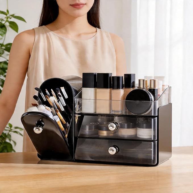 Makeup Organizer with Makeup Brush Holder, 2 Drawer, Black | Vanity Desk Organizer with Brush Holder, Compact Countertop, Cosmetic Storage for Lipsticks, Perfumes, Eyeshadow Palettes