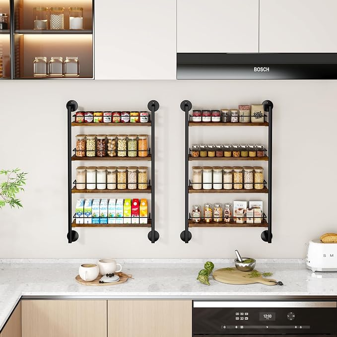 IBUYKE 4 Tier Spice Rack Wall Mount for Kitchen,Brown TLJ016H | Hanging Seasoning Organizer Large Spice Rack for Wall Spice Organization for Kitchen Cabinet Bathroom Pantry Living Room