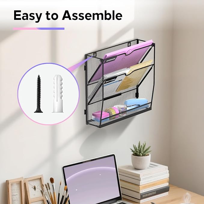 3-Tier Wall File Organizer with Base, Wall Mounted File Holder | Vertical Hanging File Organizer with Open Compartments and Label Holders for Mail, Folders and Paperwork at Home or Work