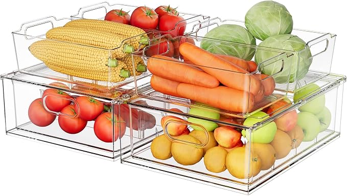 Refrigerator Organizer Bins with Pull-out Drawer 6 Pack Stackable Clear Fridge Drawer Organizer Fruit Vegetable Storage Containers for Kitchen Pantry Organization (2 Large+4 Medium)